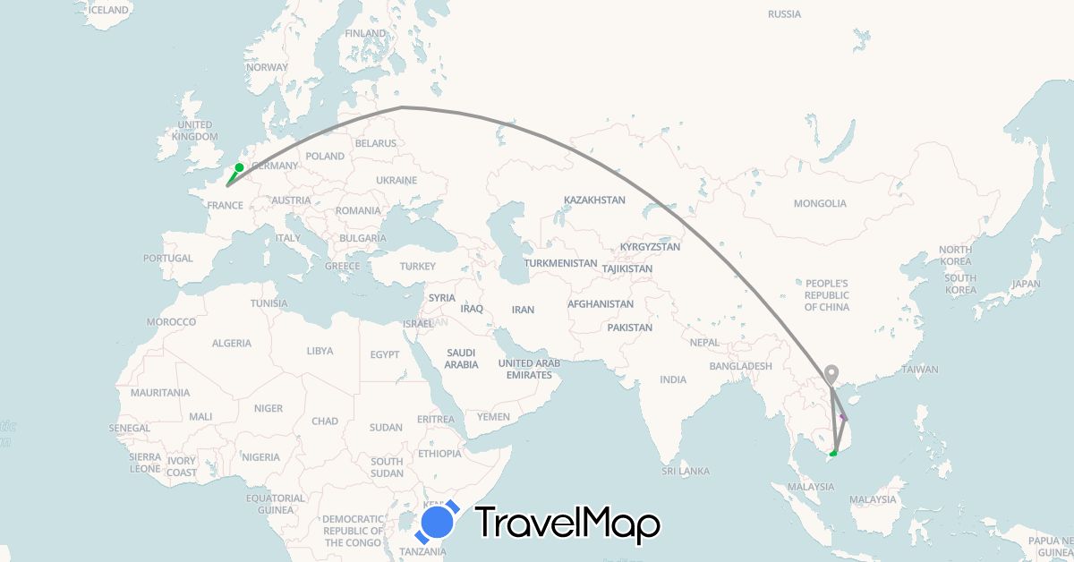 TravelMap itinerary: driving, bus, plane, train, boat in Belgium, France, Russia, Vietnam (Asia, Europe)